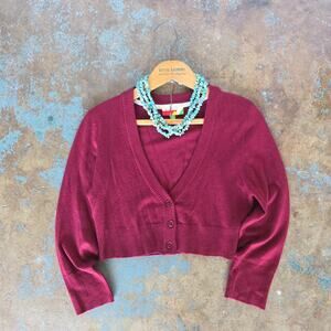 Modcloth Fervour Cropped Cardigan Sweater Size M V Neck 3/4 Sleeve Burgundy